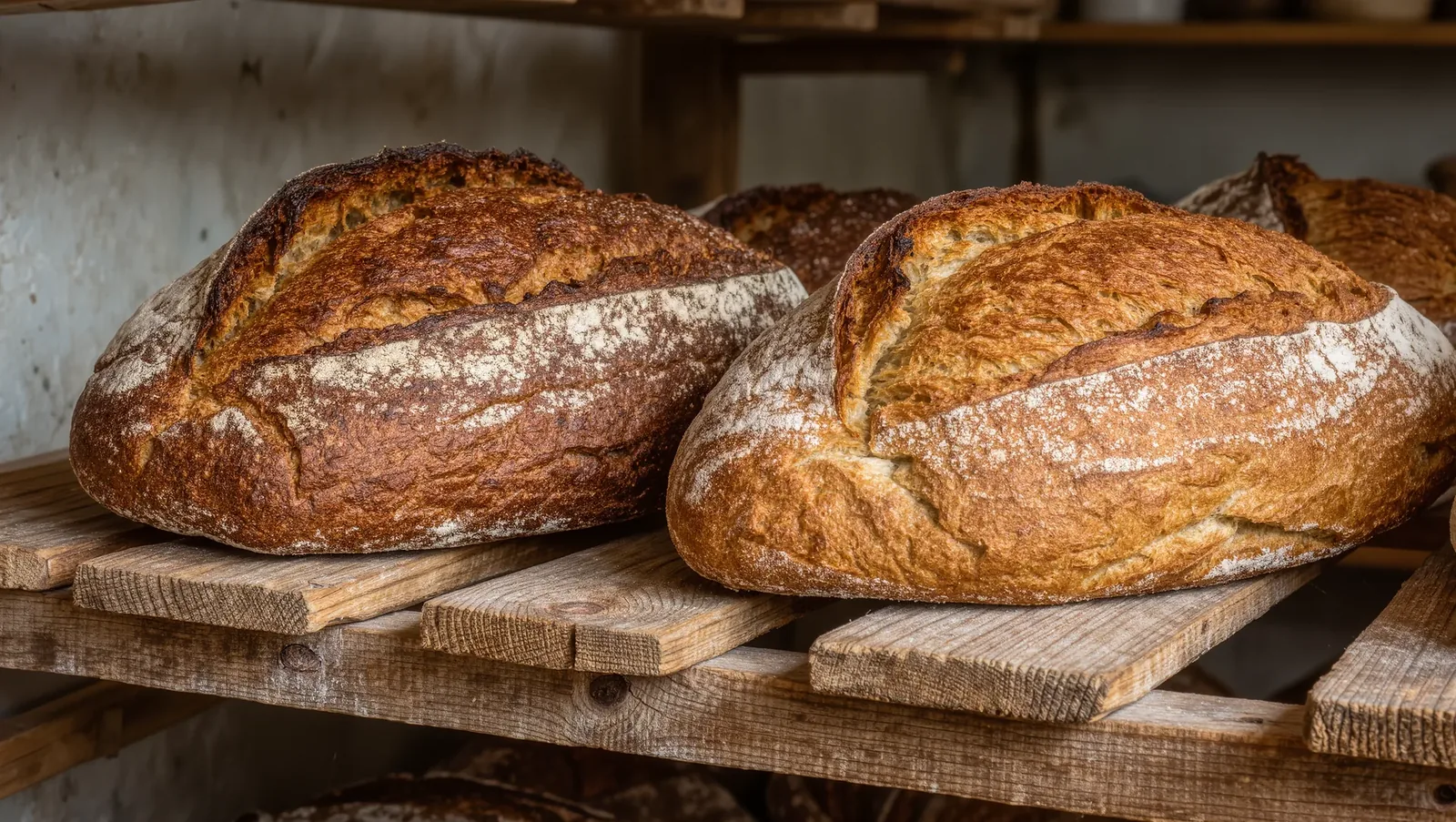 Symbolbild Brotlaibe auf einem Holzregal