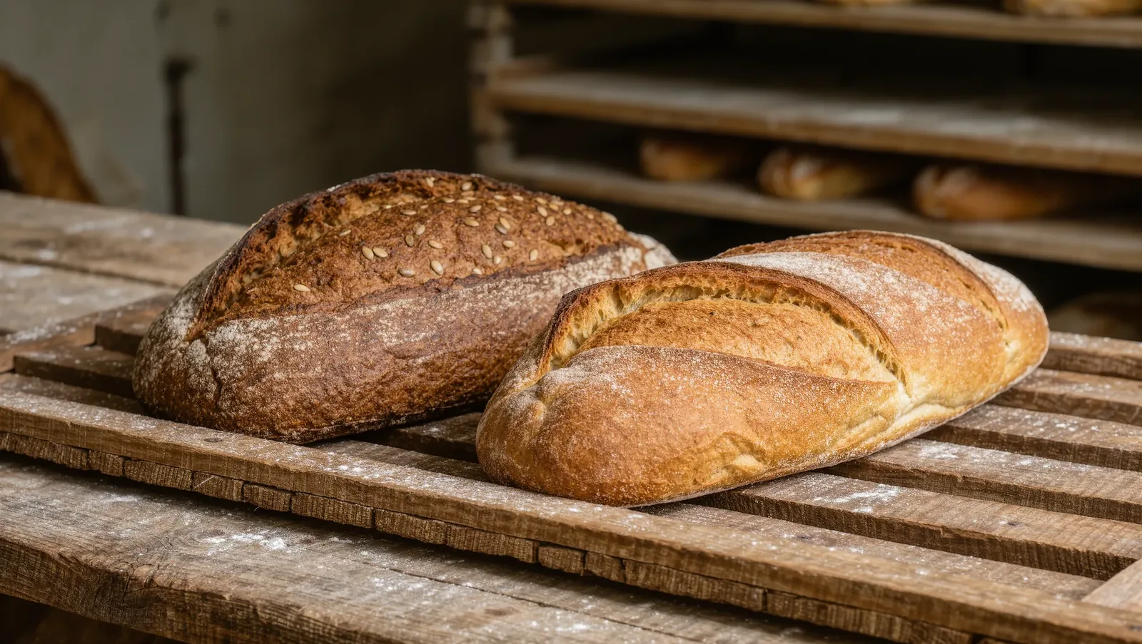 Symbolbild Brotlaibe auf einem Holzregal