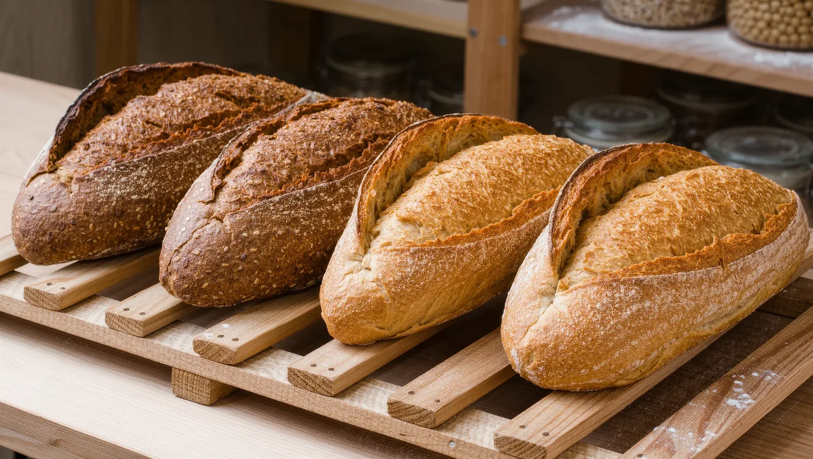 Symbolbild Brotlaibe auf einem Holzregal