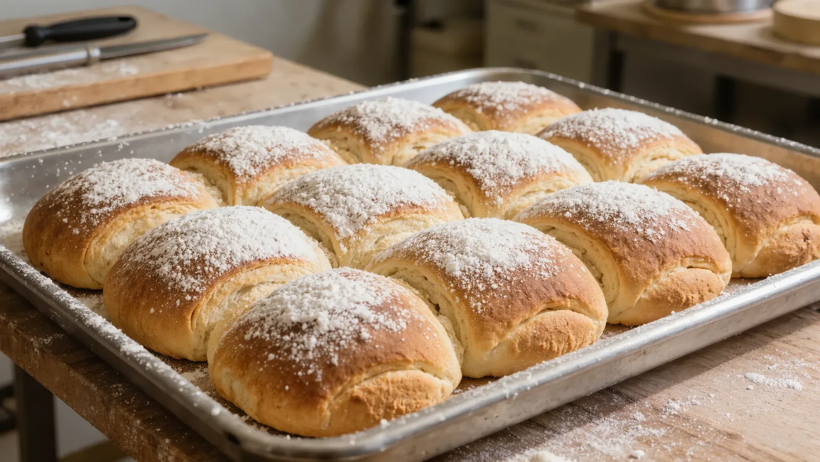 Symbolbild frische Brötchen auf einem Blech